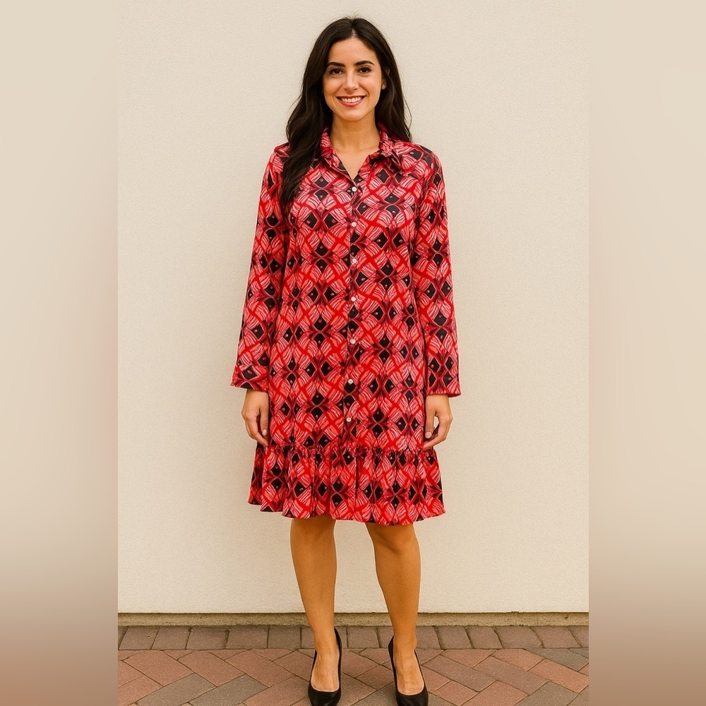 ❤️🩷❤️Elenza dress red pink black deco ruffle midi satin NWOT - Picture 2 of 13